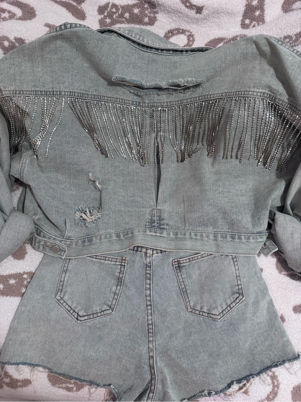 Denim Fringe Crop Jacket with Matching Shorts Set - distressed denim